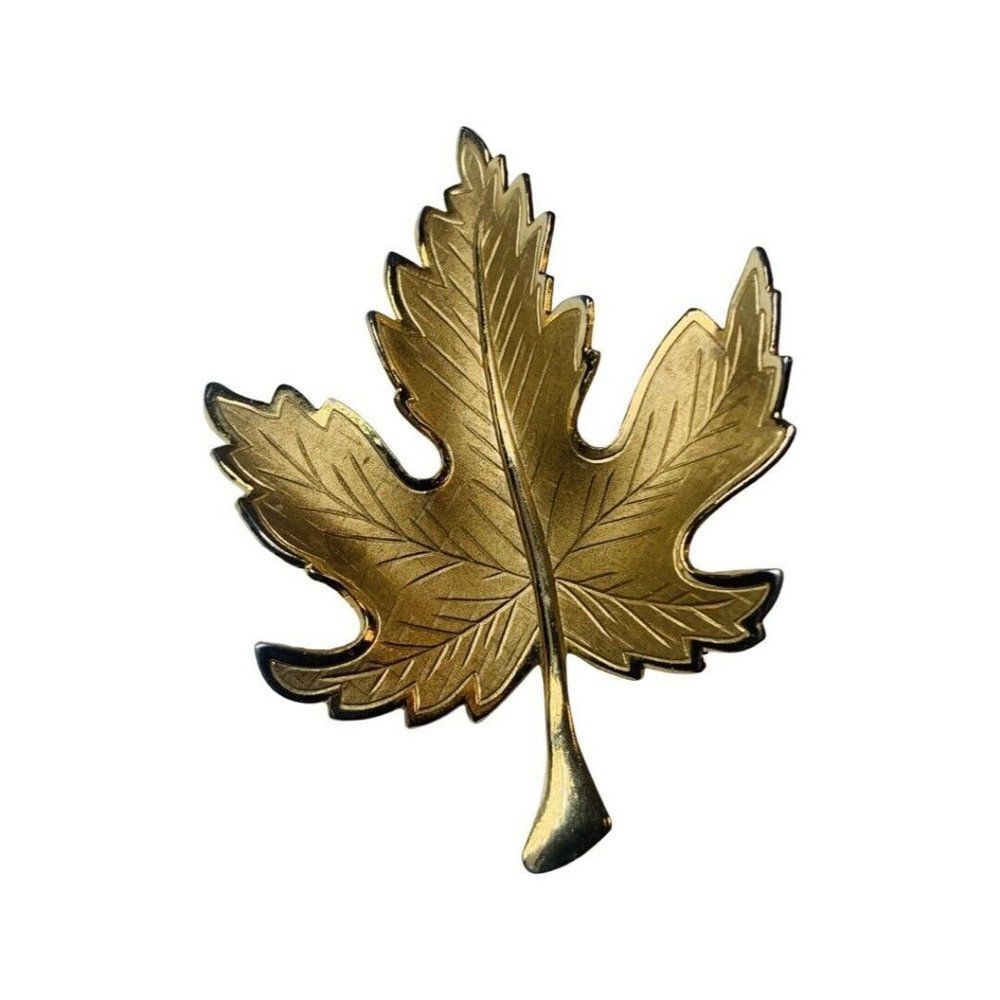 Vintage Polished Gold Overlay Maple Leaf Autumn Fall Brooch Pin 2.5in